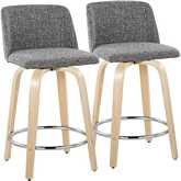 Toriano 24" Swivel Counter Stool in Natural Wood & Grey Noise Fabric with Chrome Footrest (Set of 2)
